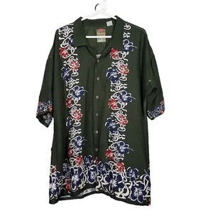 Pineapple Connection 4XB Hawaiian Green Floral Hibiscus Button Down Shirt Rayon